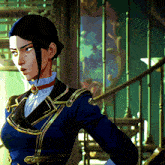 a woman in a blue and gold suit is standing in front of a staircase
