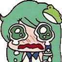 a cartoon of a girl with green hair and a frog on her head .