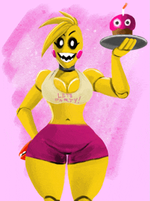 a drawing of chica from five nights at freddy 's holding a pink cupcake
