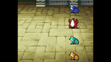 four frogs are sitting on a tiled floor in a pixel art game