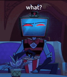 a cartoon character is sitting on a couch eating popcorn with the words what below him