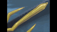 a close up of a sword with a purple background