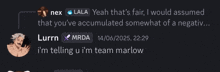 a screenshot of a conversation between nex lala and lurrn
