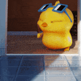 a yellow chicken wearing sunglasses is standing on a tile floor