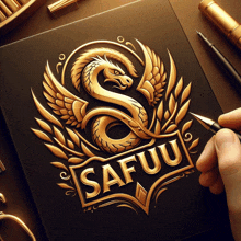 a person is drawing a logo for safuu with a gold dragon