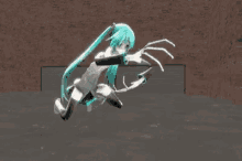 hatsune miku is flying through the air with a spider 's claw .