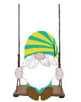 a gnome is sitting on a swing wearing a yellow and blue hat