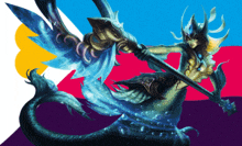 a painting of a mermaid holding a spear with a colorful background