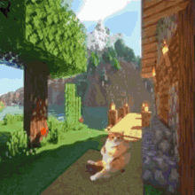 a cat is laying on the ground in front of a wooden house in a minecraft world .