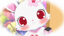 a white rabbit with red eyes and a flower on its head
