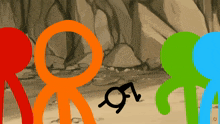 a group of stick figures are standing next to each other and one of them has a black arrow pointing to it