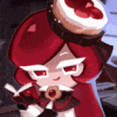 a cartoon character with red hair and a cake on her head is holding a book .