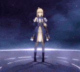 a girl in a blue and gold dress is standing in front of a starry sky