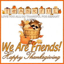 a picture of a raccoon in a basket with pumpkins and leaves on it .