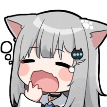 a cartoon drawing of a girl with cat ears and a black cat on her head .