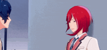 two anime characters one with red hair and one with blue hair are touching each other