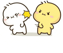 two cartoon characters , one white and one yellow , are standing next to each other and talking .