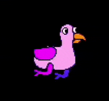 a pixel art of a pink chicken with a purple wing and a yellow beak on a black background .