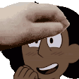 a hand is touching a cartoon character 's face .