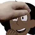 a hand is touching a cartoon character 's face .