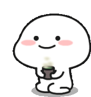 a cartoon character is sitting down and holding a cup of coffee .