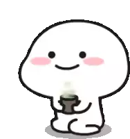 a cartoon character is sitting down and holding a cup of coffee .