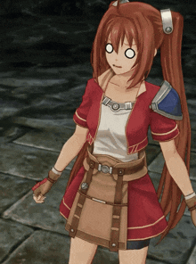 a cartoon girl with a surprised look on her face is wearing a red and brown outfit