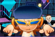 a cartoon character wearing sunglasses and headphones points at the camera .