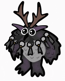 a cartoon drawing of an owl with antlers and keys around its neck