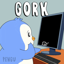 a cartoon of a penguin looking at a computer screen with the word gork written above it