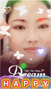 a woman 's face is surrounded by hearts and butterflies and the words " happy "