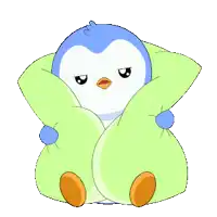 a blue and white penguin is holding a green pillow