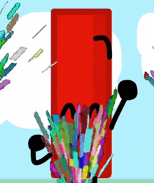 a cartoon drawing of a red object with a bunch of colored pencils coming out of it 's mouth