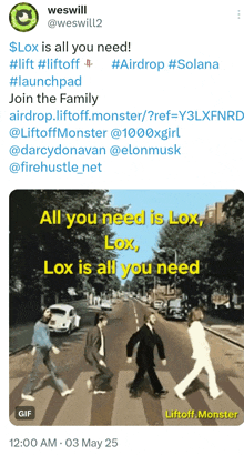 a tweet from weswill shows a picture of the beatles crossing a road