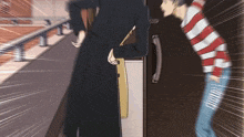 a man in a striped shirt is standing next to a woman in a long black coat