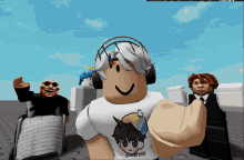 a roblox character wearing headphones and a t-shirt with a cartoon character on it