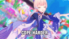 a cartoon girl is dancing in front of a colorful background and the words cope harder are visible .