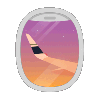 an illustration of an airplane window with the wing of an airplane flying through it