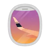 an illustration of an airplane window with the wing of an airplane flying through it