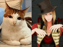 a picture of a cat next to a picture of a woman with a top hat