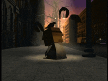 a cartoon drawing of a man in a box walking down a city street
