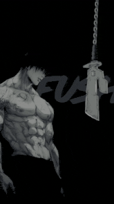 a black and white drawing of a muscular man with a sword hanging from a chain with the letter f behind him