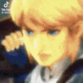 a close up of a cartoon character with blonde hair and blue eyes is looking at the camera .