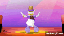 a cartoon character with a cowboy hat is dancing on a stage in front of a disney junior logo