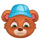 a brown teddy bear wearing a blue baseball cap with a sad look on his face