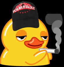 a yellow duck wearing a hat that says your fault