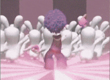 a cartoon character with a purple hat is surrounded by a bunch of white characters