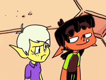 two cartoon characters are standing next to each other and one has a sad look on his face