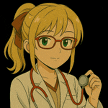 a girl with glasses and a ponytail is holding a stethoscope around her neck