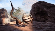 a screenshot of a video game shows a creature with horns and a smiling face